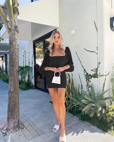 Wenrine Women's Mesh Long Sleeve Square Neck Ruched Party Club Cocktail Bodycon Mini Dress in Saudi Arabia