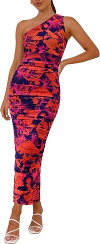 PRETTYGARDEN Women's One Shoulder Bodycon Dress Summer 2025 Printed Ruched Party Cocktail Fitted Long Dress in Saudi Arabia
