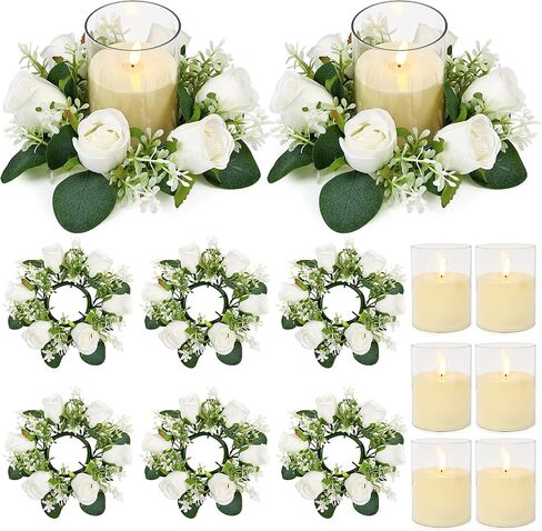 White Rose Candle Rings with Flameless Candles Sets - 12PCS Artificial Flower Eucalyptus Wedding Centerpiece 3 Inch Pillar Candleholders Wreaths for Wedding Party Decor(6 Set) (White) in Kuwait