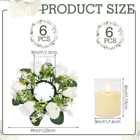 White Rose Candle Rings with Flameless Candles Sets - 12PCS Artificial Flower Eucalyptus Wedding Centerpiece 3 Inch Pillar Candleholders Wreaths for Wedding Party Decor(6 Set) (White) in Kuwait