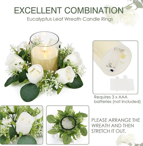 White Rose Candle Rings with Flameless Candles Sets - 12PCS Artificial Flower Eucalyptus Wedding Centerpiece 3 Inch Pillar Candleholders Wreaths for Wedding Party Decor(6 Set) (White) in Kuwait
