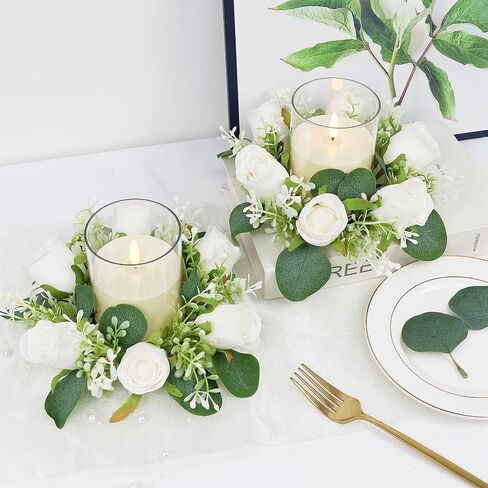 White Rose Candle Rings with Flameless Candles Sets - 12PCS Artificial Flower Eucalyptus Wedding Centerpiece 3 Inch Pillar Candleholders Wreaths for Wedding Party Decor(6 Set) (White) in Kuwait