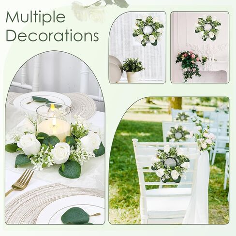 White Rose Candle Rings with Flameless Candles Sets - 12PCS Artificial Flower Eucalyptus Wedding Centerpiece 3 Inch Pillar Candleholders Wreaths for Wedding Party Decor(6 Set) (White) in Kuwait