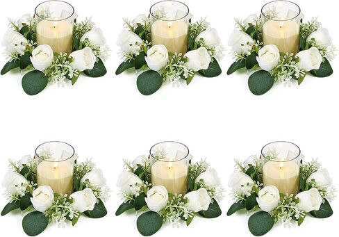 White Rose Candle Rings with Flameless Candles Sets - 12PCS Artificial Flower Eucalyptus Wedding Centerpiece 3 Inch Pillar Candleholders Wreaths for Wedding Party Decor(6 Set) (White) in Kuwait