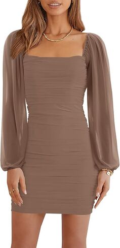 Wenrine Women's Mesh Long Sleeve Square Neck Ruched Party Club Cocktail Bodycon Mini Dress in Saudi Arabia