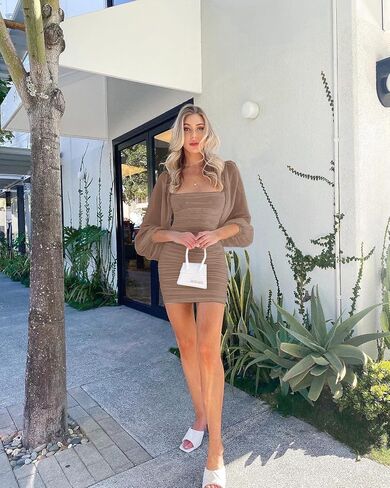 Wenrine Women's Mesh Long Sleeve Square Neck Ruched Party Club Cocktail Bodycon Mini Dress in Saudi Arabia