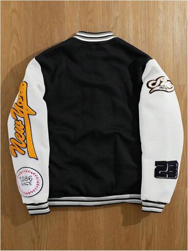 GORGLITTER Men's Letter Graphic Varsity Jacket Long Sleeve Striped Trim Button Bomber Jackets in Kuwait