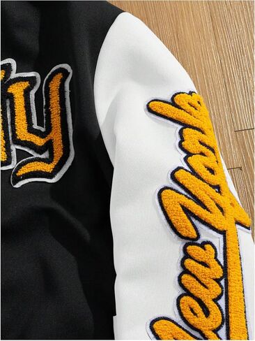 GORGLITTER Men's Letter Graphic Varsity Jacket Long Sleeve Striped Trim Button Bomber Jackets in Kuwait