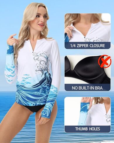 Rash Guard for Women UPF 50+ Swim Shirts 1/4 Zip Long Sleeve SPF UV Protection Shirts No Bottom Tops with Thumb Hole in Saudi Arabia