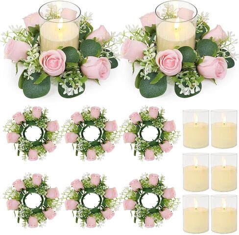 White Rose Candle Rings with Flameless Candles Sets - 12PCS Artificial Flower Eucalyptus Wedding Centerpiece 3 Inch Pillar Candleholders Wreaths for Wedding Party Decor(6 Set) (White) in Kuwait