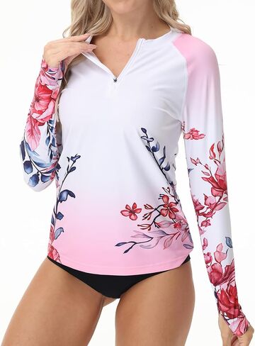 Rash Guard for Women UPF 50+ Swim Shirts 1/4 Zip Long Sleeve SPF UV Protection Shirts No Bottom Tops with Thumb Hole in Saudi Arabia