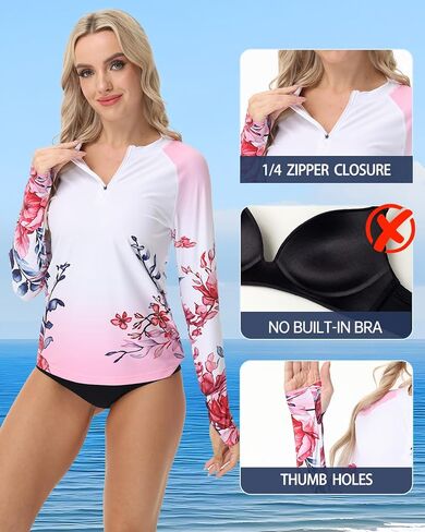 Rash Guard for Women UPF 50+ Swim Shirts 1/4 Zip Long Sleeve SPF UV Protection Shirts No Bottom Tops with Thumb Hole in Saudi Arabia