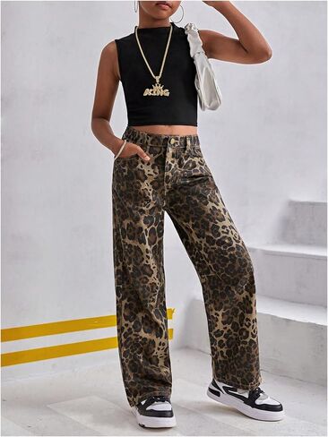 SweatyRocks Girl's Y2K Leopard Print Jeans مرنة عالية الخصر سروال جينز ساق مستقيمة مع جيوب in Kuwait