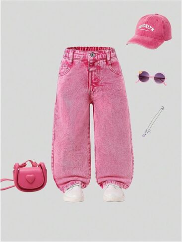 Floerns Toddler Girl's Wide Leg المرن الزر الجينز الفضفاضة سروال جينز غير رسمي in Kuwait