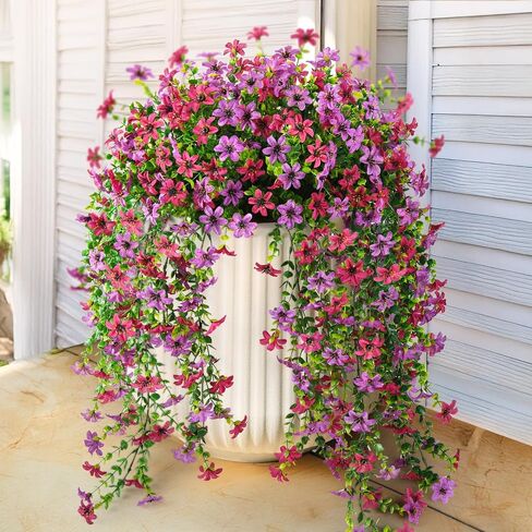 Artificial Hanging Flowers for Outdoors, 2 Pcs Fake Hanging Plant Spring Summer Decor, UV Resistant No Fade Realistic Faux Flower for Front Door Porch Planter Patio Garden Yard(Light Purple Red) in Kuwait
