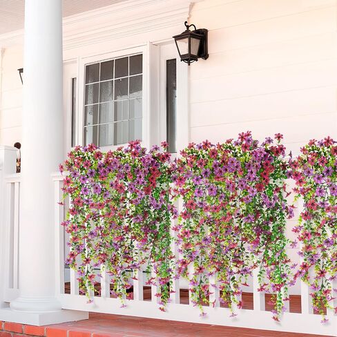 Artificial Hanging Flowers for Outdoors, 2 Pcs Fake Hanging Plant Spring Summer Decor, UV Resistant No Fade Realistic Faux Flower for Front Door Porch Planter Patio Garden Yard(Light Purple Red) in Kuwait