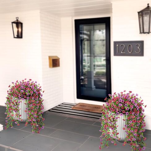 Artificial Hanging Flowers for Outdoors, 2 Pcs Fake Hanging Plant Spring Summer Decor, UV Resistant No Fade Realistic Faux Flower for Front Door Porch Planter Patio Garden Yard(Light Purple Red) in Kuwait