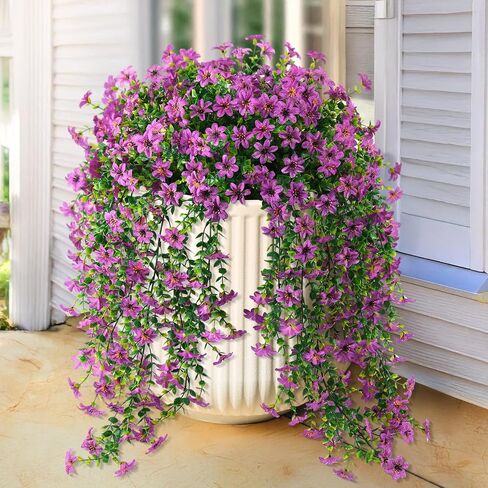 Artificial Hanging Flowers for Outdoors, 2 Pcs Fake Hanging Plant Spring Summer Decor, UV Resistant No Fade Realistic Faux Flower for Front Door Porch Planter Patio Garden Yard(Light Purple Red) in Kuwait