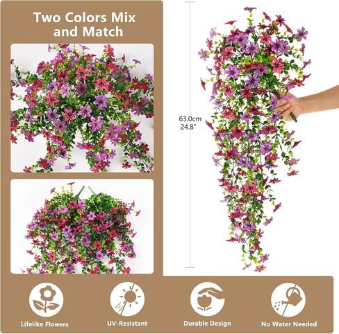 Artificial Hanging Flowers for Outdoors, 2 Pcs Fake Hanging Plant Spring Summer Decor, UV Resistant No Fade Realistic Faux Flower for Front Door Porch Planter Patio Garden Yard(Light Purple Red) in Kuwait
