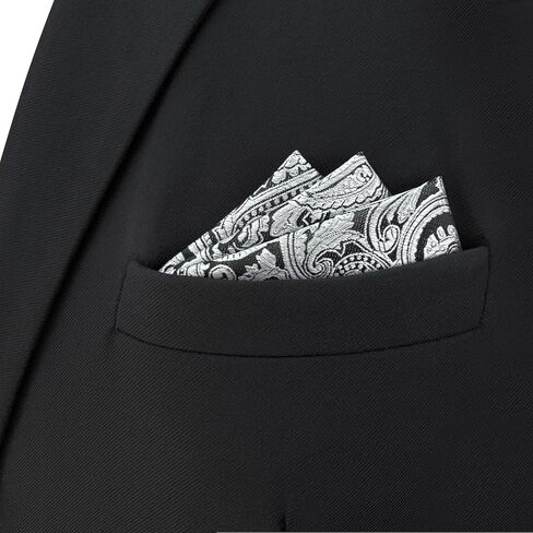 S&W SHLAX&WING Mens Pocket Square Paisley White Black Elegant Large Party Woven in Kuwait