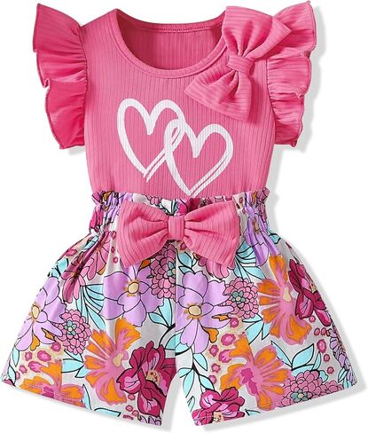 3-8 T Toddler Girls Clothing Set Set Shulk Sleeve Bow Tie Top + Floral Shorts in Kuwait