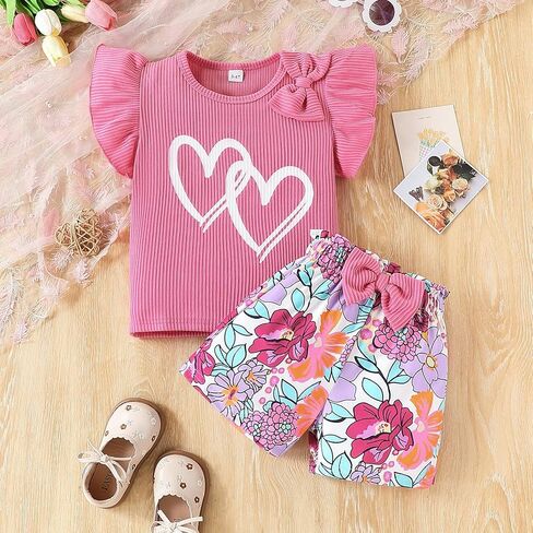 3-8 T Toddler Girls Clothing Set Set Shulk Sleeve Bow Tie Top + Floral Shorts in Kuwait