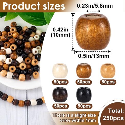 150pcs 10x13mm Wooden Beads, Vintage Wood Hair Bead with Big Hole, Round Paracord Crafts Spacer Bead for Macrame Necklace Bracelet DIY Craft Jewelry Making- 5 Colors in Kuwait