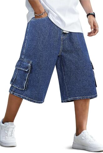 GINGTTO Mens Baggy Jean Shorts Cargo Long Denim Shorts Elastic Waist 15 Inch Inseam in Kuwait
