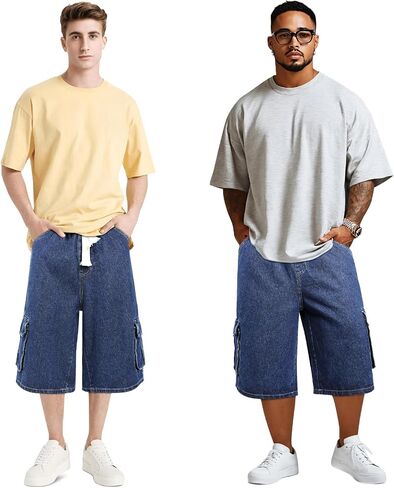 GINGTTO Mens Baggy Jean Shorts Cargo Long Denim Shorts Elastic Waist 15 Inch Inseam in Kuwait