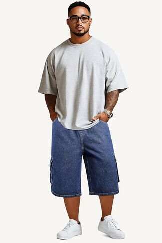 GINGTTO Mens Baggy Jean Shorts Cargo Long Denim Shorts Elastic Waist 15 Inch Inseam in Kuwait