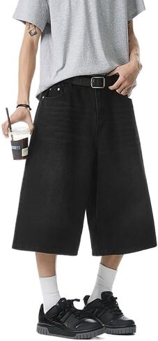 Men's Wide Leg Vintage Denim Shorts with Elastic Waistband Y2K Harajuku Fashion Loose Baggy Grunge Denim Bottoms in Kuwait
