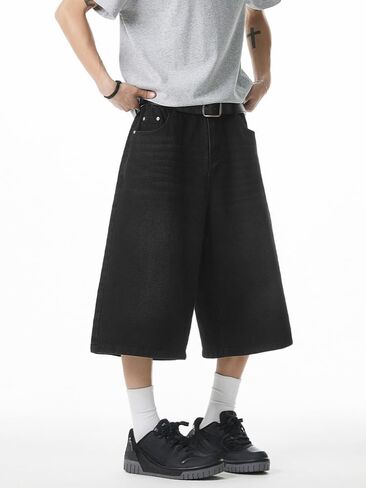 Men's Wide Leg Vintage Denim Shorts with Elastic Waistband Y2K Harajuku Fashion Loose Baggy Grunge Denim Bottoms in Kuwait