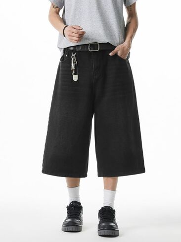 Men's Wide Leg Vintage Denim Shorts with Elastic Waistband Y2K Harajuku Fashion Loose Baggy Grunge Denim Bottoms in Kuwait