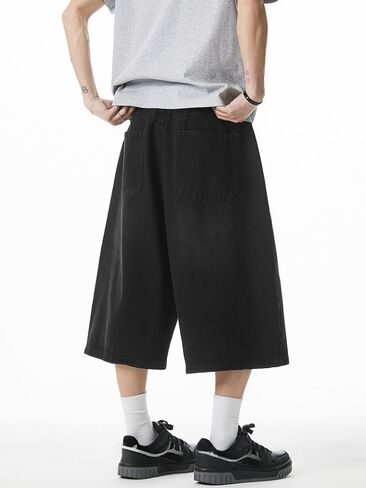 Men's Wide Leg Vintage Denim Shorts with Elastic Waistband Y2K Harajuku Fashion Loose Baggy Grunge Denim Bottoms in Kuwait