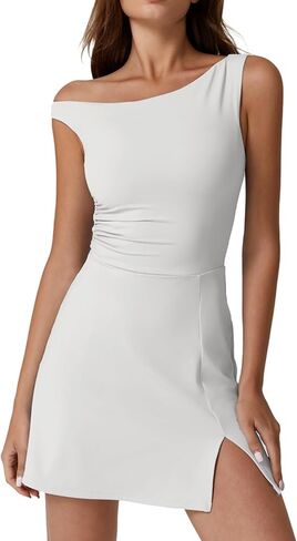 QINSEN Womens One Shoulder Sleeveless Tennis Dress Built in Shorts Golf Athletic Dress with Pockets in Kuwait