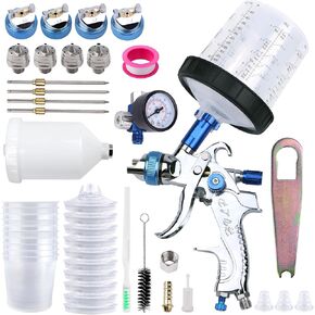 HVLP Spray Gun with 10Pcs 600ML Disposable Paint Cups, Automotive Gravity Feed Spray Gun Kit with 4 Nozzles,1.4/1.7/2.0/2.5mm, Sprayer Gun with Air Compressor Regulator for Auto Paint (Blue)