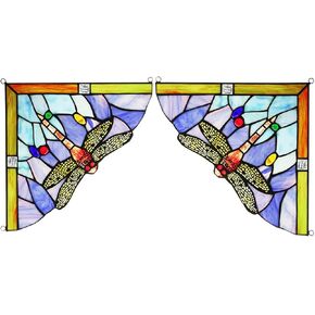 Capulina 1 Pair Dragonfly Stained Glass Panels Door Window Corner Tiffany Glass Material Handicrafts Hangings for Home Decor