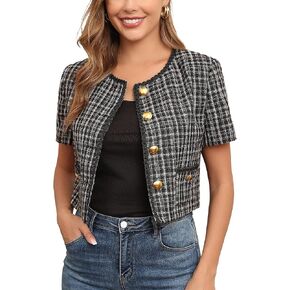 M.Infisavo 2025 Women's Cropped Tweed Blazer Short Sleeve Elegant Round Neck Open Front Cardigan Business Casual Jacket