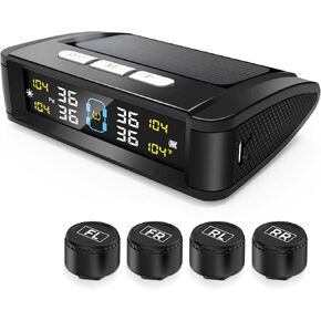 Tire Pressure Monitoring System - TPMS Solar Charge Tire Pressure Monitor System with 4 External Sensors & 6 Alarm Modes, Real-time Color LCD Display,Auto on/off, TPMS for Sedan SUV RV,Easy to install
