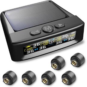 نظام مراقبة ضغط الإطارات - نظام مراقبة ضغط الإطارات TPMS مع شاحن شمسي ، TPMs مع 6 مستشعرات خارجية و 6 أوضاع إنذار ، شاشة LCD في الوقت الفعلي ، وضع السكون التلقائي ، سهل التثبيت