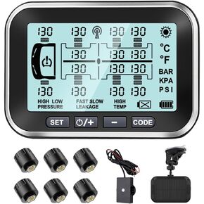 Trailer Tire Pressure Monitoring System 0-199PSI,4.5" XL Solar Monitor with 12 Sensors, 6 Alerts,Signal Booster, RV TPMS for Heavy Duty Semi Truck/Camper (4-14 Sensors) in Kuwait