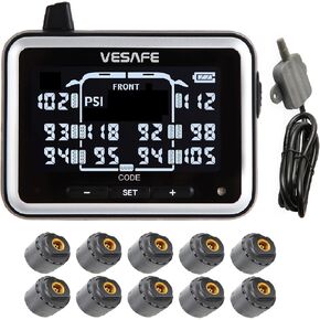 Vesafe TPMS ، نظام مراقبة ضغط الإطارات اللاسلكي لـ RV ، مقطورة ، مدرب ، موتور هوم ، العجلة الخامسة ، بما في ذلك 10 مستشعرات مضادة للسرقة.