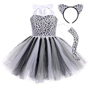 Girls Jungle Themed Cosplay Dress Animal Cosplay Tutu Dress Halloween Christmas Birthday Party Outfit 3pcs with Ears Headband Tail Accessories Baby Girl Fancy Dress Up Black Leopard 11-12 Years
