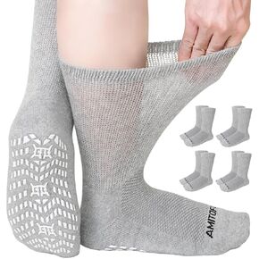 CaiDieNu Non Slip Diabetic Socks: 4 Pairs Non Binding Wide Hospital Socks for Men Women with Grips Elderly Edema 9-15