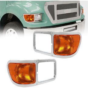 HECASA Pair Headlight Compatible With 2000-2015 FORD F650 / F750 Headlamp Bezel Trim+Corner Signal Lights Lens Driver Passenger Left Right Replaecement for YC3Z13201AA YC3Z13200AA