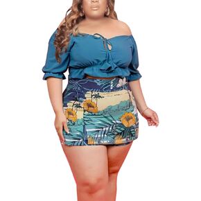 Women Plus Size Skirt Two Piece Outfit Short Sleeve Off The Shoulder Crop Top Shorts Dress Suit Set