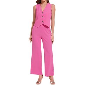 ROYLAMP Women's Summer 2 Piece Outfits Button Down V Neck Sleeveless Top High Waisted Wide Leg Pants Matching Set