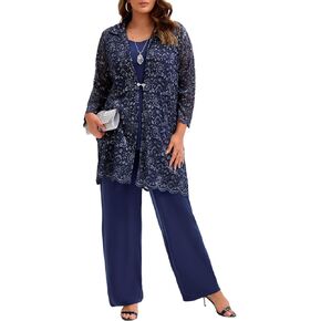 Plus Size Mother of The Bride 3 Piece Lace Pant Suit Set Formal Wedding Guest Attire for Weddings Evening Party Occasions