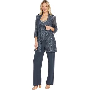 3PC Pant Set Top W/Pearl Neckline Lace Sequin Jacket & Pull-On Elastic Pants