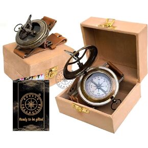 بوصلة STEAMPUNK BRASS Sundial Compass ، ساعة متماثلة من أشعة الشمس في مربع مخملي مصنوعة يدويًا للمعصم والمعصم وساعة الشمس البحرية